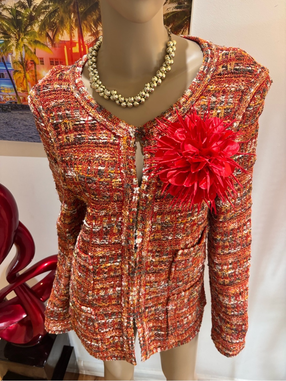 St. John Orange Multicolor Tweed Blazer red orange yellow 12 buttons shimmer - Picture 3 of 8